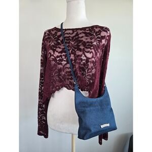 Y2K Denim Small Crossbody Shoulder Handbag Silver Metal Chain Medium Wash Blue